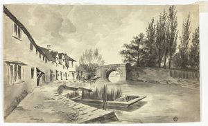 Fischerreihe und die Brücke über den Fluss an der neuen Straße von Unknown artist