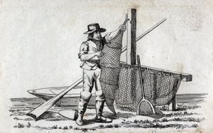 Fischer und Fischernetz. Feine Gravur des 18. Jahrhunderts. Private Sammlung. von Unknown artist