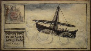 Ehemaliges Votivbild (ex voto) eines Seemanns, populäres Angebot als Zeichen der Hingabe und Dankbarkeit des Seemanns, der die Gefahren des Meeres überlebt hat, aus der Kirche von Carmine, Torre del Greco, in der Nähe von Neapel, 1608 Italien