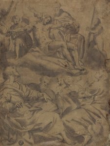 Vier Evangelisten und die Vision Gottes, der den toten Christus mit den Leidenswerkzeugen hält