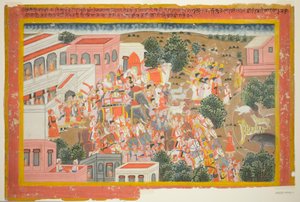 Vier Prinzen in Prozession besuchen einen Weisen, Seite aus einer Kopie des Ramayana