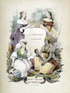 Vier Frauen, die die vier Ecken der Welt repräsentieren - Frontispiz von „Das illustrierte Universum: Lebendige Geographie“ von Alfred des Essarts von Unknown artist