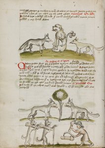 Fuchs und Wolf vor einem Löwen; Zwei Wölfe unter einem Baum ziehen Getreideballen; Ein Bauer bündelt Getreidegarben von Unknown artist