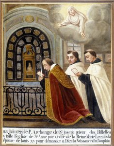 Fr. Erzengel von St. Joseph, Prior der Billettes, besucht die Kirche von Saint Anne im Auftrag von Königin Maria Leszczyńska, Frau von Ludwig XV., um Gott um die Geburt eines Delfins zu bitten, 28. Juni 1729 - Ex-Voto Sainte Anne d