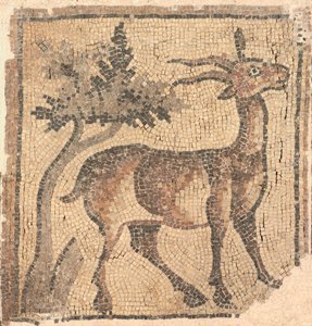 Fragment eines Bodenmosaiks: Steinbock in der Nähe eines Baumes von Unknown artist