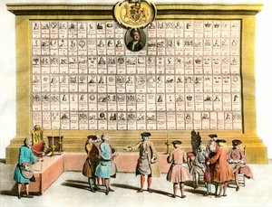 Freimaurerei: Treffen englischer Freimaurer mit Symbolen der wichtigsten Freimaurerlogen. 18. Jahrhundert Tafel. Paris, dekorative Künste von Unknown artist
