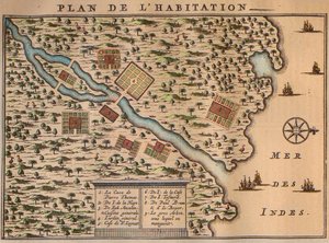 Francois Leguats Karte seiner Siedlung auf Rodrigues - Der Plan der Behausung von Francois Leguat (1637-1735), französischer Entdecker, und seiner Freunde auf der Insel Rodrigues bei Mauritius (1708) von Unknown artist