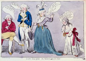 Französische Revolution: Karikatur gegen die Familie von Königin Marie Antoinette (1755-1793) und Ludwig XVI. im Tempelgefängnis. Die Königin und die Schwester des Königs, Madame Elisabeth, streiten unter den Überresten des Königs. Ihre Worte sind in Sprec von Unknown artist