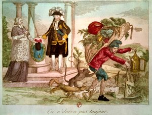 Französische Revolution: „Es wird nicht immer dauern“: Bauer von einem Prälaten und einem Adligen überwältigt. Gravur des 18. Jahrhunderts. B.N., Paris. von Unknown artist
