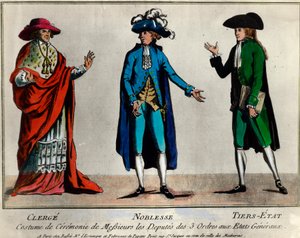 Französische Revolution: Darstellung der Deputierten der drei Stände in den Generalständen in zeremonieller Kleidung: der Klerus, der Adel und der dritte Stand. Druck aus dem späten 18. Jahrhundert von Unknown artist