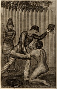 Freitag wird in die Arme von Robinson Crusoe geworfen, Gravur eingefügt in „Les aventures de Robinson Crusoe“ von Daniel Defoe von Unknown artist