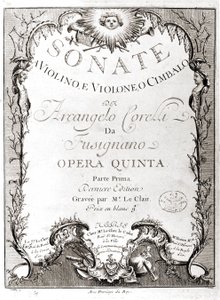 Frontispiz von 12 Sonaten für Violine, Bass und Cembalo von Arcangelo Corelli. Französische Version.