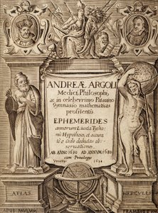 Frontispiz von „Ephemerides“ mit Herkules und Atlas von Andreae Argoli von Unknown artist