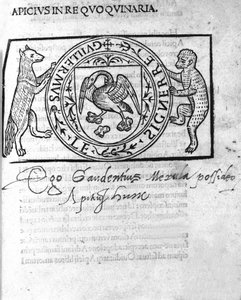 Frontispiz von „In re quoquinaria (De re coquinaria)“ des 16. Jahrhunderts von Marcus Gavius Apicius. Lateinischer Gastronom (1. Jahrhundert n. Chr.) von Unknown artist