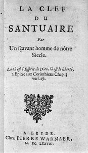 Frontispiz von "Der Schlüssel zum Heiligtum" von Baruch Spinoza (1632-1677), niederländischer Philosoph, auch bekannt als Bento de Espinosa oder Benedictus de Spinoza oder Benoit de Spinoza. 1678