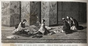 Beerdigungszeremonien: der Mönch der letzten Sakramente. Gravur zur Illustration der Reise nach Japan in den Jahren 1863-1864 von Aime Humbert, Minister der Schweizerischen Eidgenossenschaft, in „Le tour du monde, nouveau journal des voyages“, veröffentlic