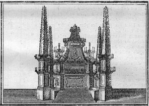 Begräbnis eines Papstes im 18. Jahrhundert: der Katafalk des verstorbenen Papstes. Gravur in „Histoire des religions“.