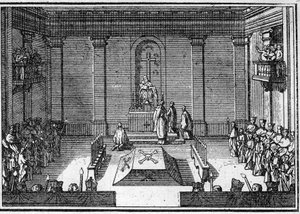 Beerdigung eines Papstes im 18. Jahrhundert: die Zeremonie der Obsequien. Gravur in „Geschichte der Religionen“ von Unknown artist
