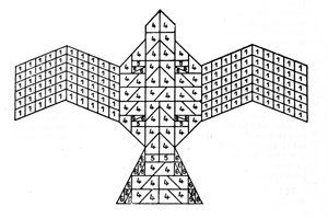 Geometrie der Sulbasutras: Plan des Feueraltars in Form eines Falken. Mathematisches Schema, das sich auf die Bauvorschriften für Opferaltäre aus der vedischen Zeit Indiens (1500-500 v. Chr.) bezieht. Journal of the Asiatic Society of Bengal von Unknown artist