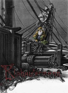 Germanische Mythologie: Darstellung eines Klabautermanns auf dem Deck eines Schiffes, ein elfischer Beschützer der Schiffe auf See. Gravur des 19. Jahrhunderts von Unknown artist