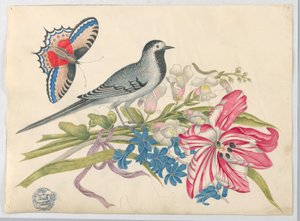 Grauer Vogel auf Zweig mit Tulpe, Löwenmäulchen und Vergissmeinnicht mit Schmetterling von Unknown artist