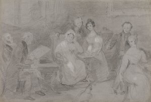 Gruppe von Figuren, mit einem Mann, der Aquarelle malt, und einem Mädchen, das Teetassen reicht