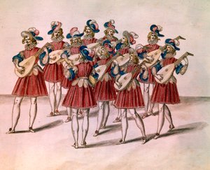 Gruppe von Musikern, die Laute spielen. Aquarell und Feder von Daniel Rabel (1578-1637) aus dem Album „Château de Bicêtre“ von Unknown artist