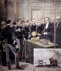 Guglielmo Marconi präsentierte den drahtlosen Telegraphen (TSF) auf einer Konferenz im Marineministerium 1897 von Unknown artist