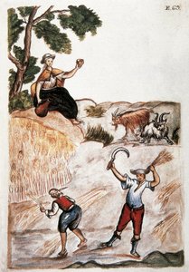 Ernten, Indianer von Peru arbeiten auf den Feldern. Aquarell des 18. Jahrhunderts Madrid. Biblioteca del Palacio Real