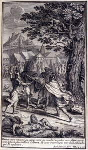 Hektor, zurück im Lager, tritt in einen Einzelkampf mit Ajax, nachdem er die tapfersten Griechen herausgefordert hat. Sie werden von zwei Herolden unterbrochen, die sie trennen. Illustration für Buch VII der Ilias von Homer, französische Ausgabe