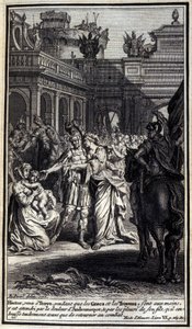 Hektor, der nach Troja kam, während die Griechen und Trojaner in ihren Händen waren, wurde von der Trauer Andromaches und dem Weinen seines Sohnes, den er zärtlich küsste, bevor er in die Schlacht zurückkehrte, betrübt. Illustration aus Buch VI der Ilias v