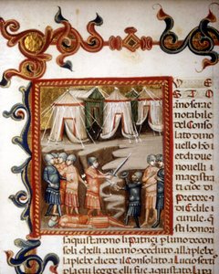 Historiae romanae decades (= Gruppen von 10 Büchern) (auf Französisch Geschichte Roms von seiner Gründung bis 292 v. Chr.) von Titus Livius (Titus Livius) oder Titus Livius auf Latein (-59 - 17). Miniatur, die die römische Eroberung darstellt. 14. Jahrhund von Unknown artist