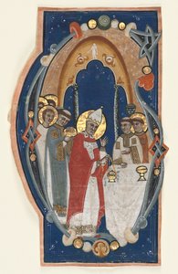 Historisierte Initiale (G) aus einem Chorbuch: St. Gregor der Große feiert die Messe