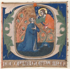 Historisierte Initiale (O) aus einem Antiphonar: Der Stifter, Gorus Fucci, kniet vor Christus