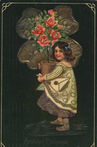 Historische Grußkarte mit einem Kind und einer großen Topfpflanze, Rose von Unknown artist