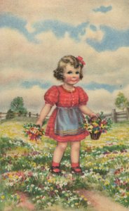 Historische Postkarte mit einem glücklichen Mädchen auf der Wiese, Grußkarte von Unknown artist