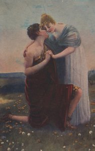 Historische Grußkarte mit historischem Motiv, Frau und Krieger des Mittelalters von Unknown artist