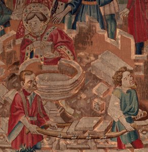 Geschichte von Saint Piat und Saint Eleuthère, Szene 5, Detail. Der Heilige, Maurer und das Taufbecken. von Unknown artist