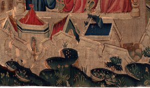 Geschichte von Saint Piat und Saint Eleuthère, Szene 9 Saint-Éleuthère wird als Bischof von Tournai bestätigt. Detail unten. Die Stadtbefestigungswände, Häuser.