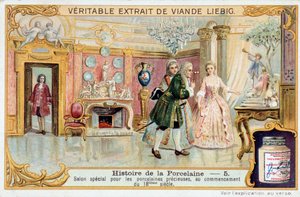 Geschichte des Porzellans: spezieller Salon für kostbares Porzellan, Anfang des 18. Jahrhunderts - Liebig Chromolithographie von Unknown artist
