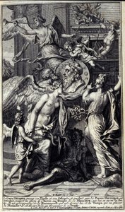 Homers Genie, der seine Ilias und seine Odyssee hält und von heroischer Poesie geführt wird, wird trotz der Bemühungen des Neids in den Tempel der Erinnerung eingeführt, der seine Türen öffnet. Er wird von der Berühmtheit begleitet, die vor ihm fliegt, und