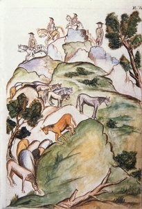Pferdehüter umzingeln Stuten in den Bergen, um sie zu fangen, aus dem Buch "Trujillo del Peru" oder "Códice Martínez Compañón", von Baltazar Martinez Compañón y Bujanda, Bischof von Trujillo (1782-1785) von Unknown artist