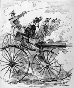 Humorvolle Gravur: Velocipedomanie angewendet auf Maschinengewehre - 19. Jahrhundert