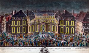 Illuminationen des bischöflichen Palastes der Stadt Straßburg während der Feierlichkeiten anlässlich des Aufenthalts von König Ludwig XV. (1710-1774) nach einer schweren Krankheit am 5.10.1744. Zeitgenössischer Druck von Unknown artist