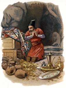 Illustration für die Geschichten aus Tausendundeiner Nacht. Ali Baba betritt den Felsen und sagt: Sesam öffne dich und sieht Goldfässer. Chromolithographie um 1890. von Unknown artist