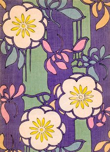 Illustration von Blumenblüten auf einem Lavendel- und grünen Hintergrund