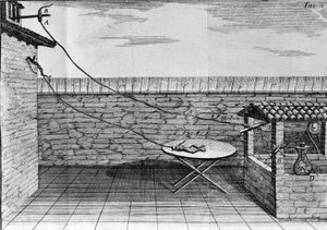 Illustration von Experimenten von Luigi Galvani, italienischer Physiker und Arzt (1737 - 1798), die den Durchgang von elektrischem Strom zeigen, der die Beine eines Frosches bewegt. von Unknown artist