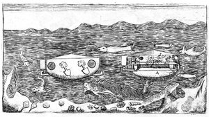Illustration des späten 18. Jahrhunderts, wie man unter Wasser navigiert in „Nuovo trattato sulla vera rettificazione del circolo misurato esattmente con il diametro, utile alla trigonometria... Con una dissertazione sul modo di navigare sott