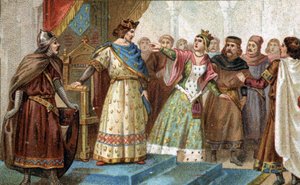 Im Jahr 1274 wurde Königin Maria von Brabant fälschlicherweise vom Großkämmerer Pierre de la Broce (Pierre de Brush) des Todes des jungen Prinzen Louis von Frankreich, des Enkels von Philipp III. und Isabella von Aragon, beschuldigt. Chromolithographie aus von Unknown artist