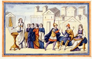 In Troja bitten Frauen Athena, während Hector sich von seiner Frau Andromache verabschiedet. Die Ilias, Gesang VI, Gravur aus dem späten 18. Jahrhundert von Unknown artist